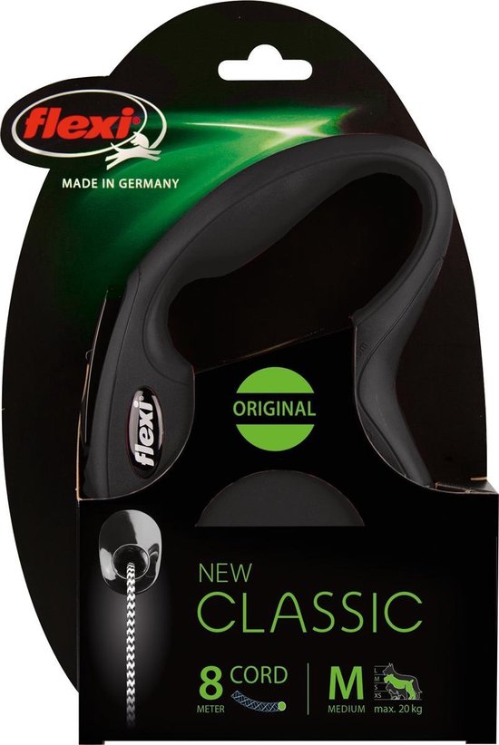 Verpakking van een zwarte Flexi New Classic rolriem, 8m koord, voor middelgrote honden.