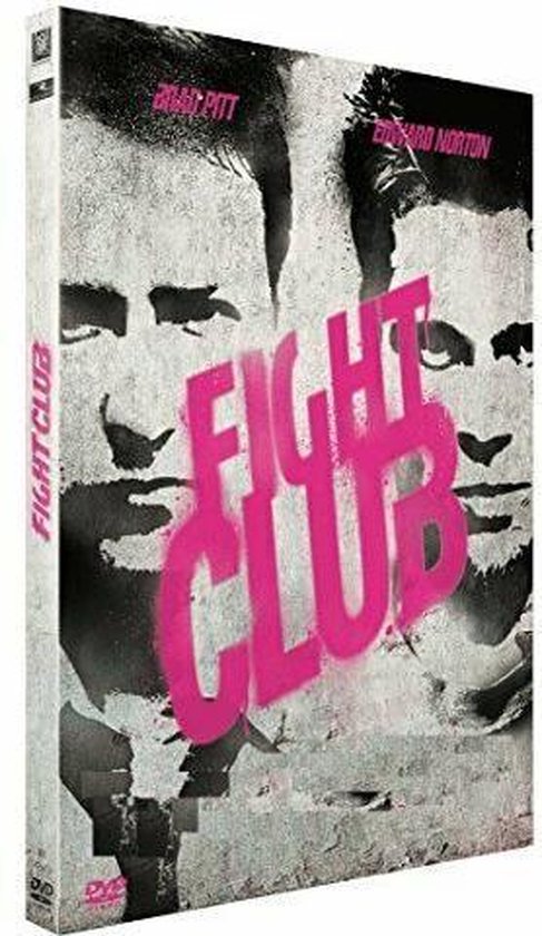 Fight Club DVD-hoes met graffiti-achtige afbeeldingen van Brad Pitt en Edward Norton. Titel "FIGHT CLUB" in roze sprayverf.