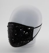 Mondkapje Glitter met zwarte pailletten - machine wasbaar katoen en verstelbaar koord - rondom comfortabel afgezoomd