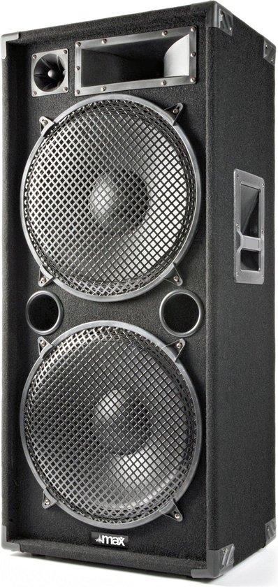 Zwarte luidsprekerkast met twee grote ronde luidsprekers met metalen grill, twee kleinere ronde poorten en een hoekige tweeter. "MAX" logo onderaan.