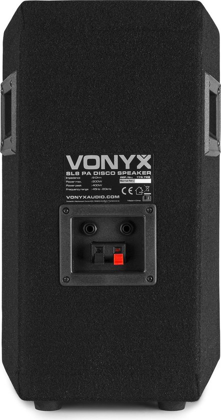 Zwarte Vonyx SL8 PA Disco Speaker achterkant met aansluitingen en specificaties.