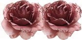 2x Oud roze decoratie bloemen rozen op clip 14 cm - Kerstversiering/woondeco/knutsel/hobby bloemetjes/roosjes