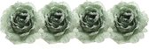 4x Salie groene decoratie bloemen rozen op clip 14 cm - Kerstversiering/woondeco/knutsel/hobby bloemetjes/roosjes