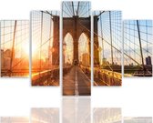 Schilderij , Zonsopkomst bij Brooklyn Bridge , Multikleur ,4 maten , 5 luik , wanddecoratie , Premium print , XXL