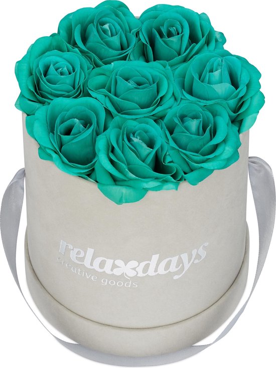 Relaxdays flowerbox - rozen in doos - met 8 kunstrozen - rozenbox - bloemendoos - grijs - turkoois