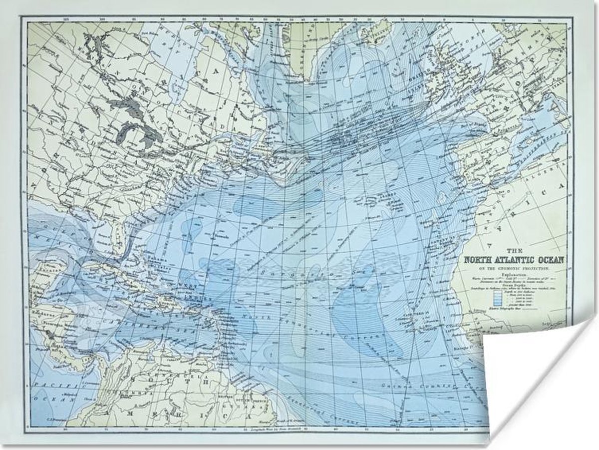 bol.com | Poster - Klassieke wereldkaart Noordelijke Atlantische oceaan
