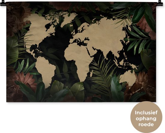 Wandkleed WereldkaartenKerst illustraties - Zandkleurige wereldkaart op een zwarte achtergrond omlijst met bloemen en bladeren Wandkleed katoen 90x60 cm - Wandtapijt met foto