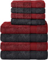 Set van 8 handdoeken van 100% katoen, 4 badhanddoeken 70 x 140 cm en 4 handdoeken 50 x 100 cm, badstof, zacht, handdoek, groot, zwart/aurorarood