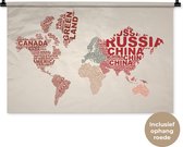 Wandkleed WereldkaartenKerst illustraties - Wereldkaart gemaakt met de namen van landen op een rozige achtergrond Wandkleed katoen 90x60 cm - Wandtapijt met foto
