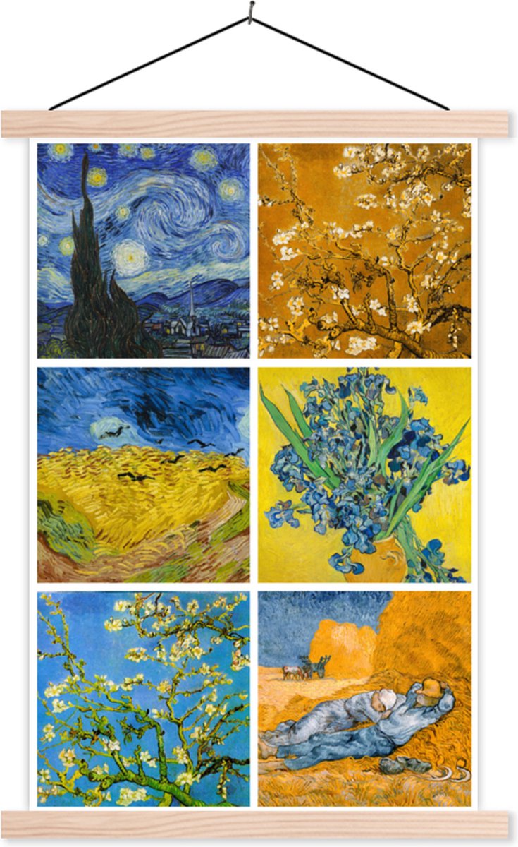 Posterhanger incl. Poster 60x90 cm - Schoolplaat - Van Gogh - Collage - Sterrennacht - Textielposter - Blanke latten