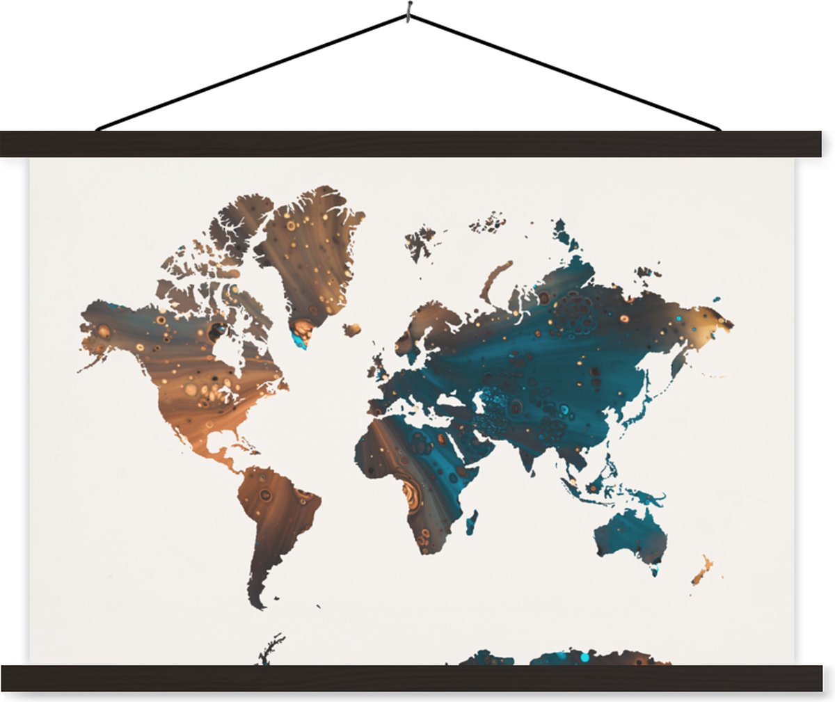 Posterhanger incl. Poster 60x40 cm - Schoolplaat - Wereldkaart - Blauw - Verf - Textielpos