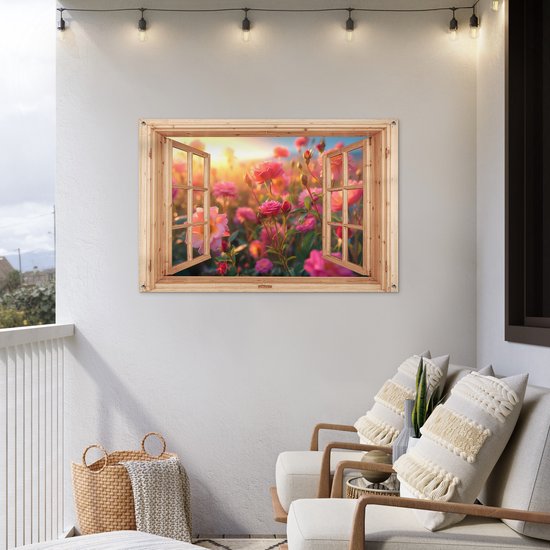 Tuinposter doorkijk bloemen - Lichtbruin raam - Tuindecoratie roze rozen - 120x80 cm - Poster voor in de tuin - Buiten decoratie - Schutting tuinschilderij - Tuindoek muurdecoratie - Wanddecoratie balkondoek