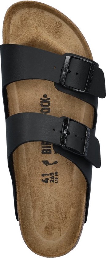 Zwarte Birkenstock slipper, bovenkant met twee gespen en maatindicatie.