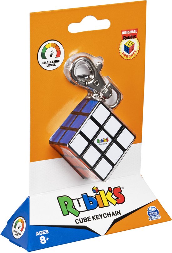 Rubik's Cube sleutelhanger in oranje verpakking, met de bekende kleuren.