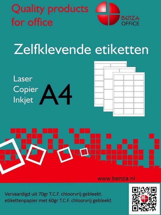 Benza Zelfklevende Etiketten op A4 Vel - 105 x 74 mm - 8 stickers per vel - 100 vel