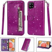 Portemonnee Hoesje - Wallet Case - Rits Sparkly Glitter - Telefoonhoes met Kord Geschikt voor: Samsung Galaxy A42 - Paars