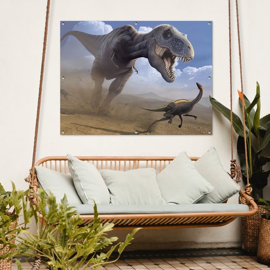 Affiche de jardin Dino - Animaux sauvages - Dessin - Enfants - Garçons - Enfants - 130x90 cm - Décoration murale Extérieur - Affiche de jardin - Toile de jardin - Affiche de clôture - Peinture de jardin