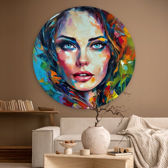 WallCircle - Cercle mural 150x150 - Visage - Femme - Peinture à l'huile - Coloré - Art - Tableaux ronds salon - Plaque murale ronde - Cercle de Décoration murale - Décoration de chambre à l'intérieur - Cercle Décoration murale - Accessoires de maison