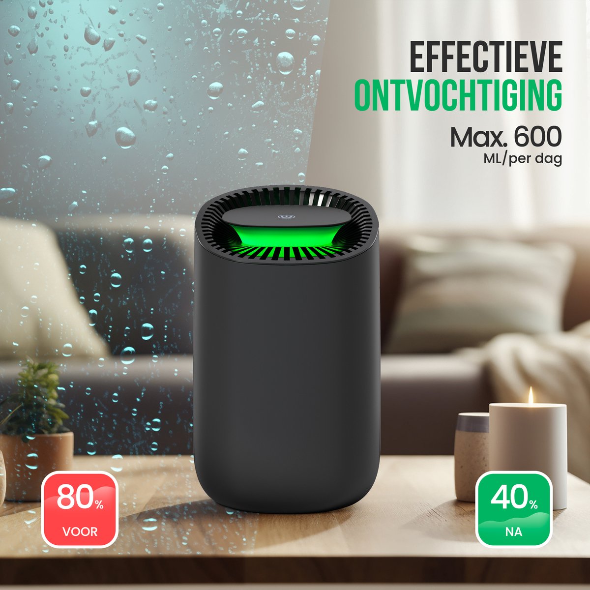 Strex Luchtontvochtiger - Compact en Stil - Mini Luchtontvochter - 600ml/dag - Zwart thumbnail 3