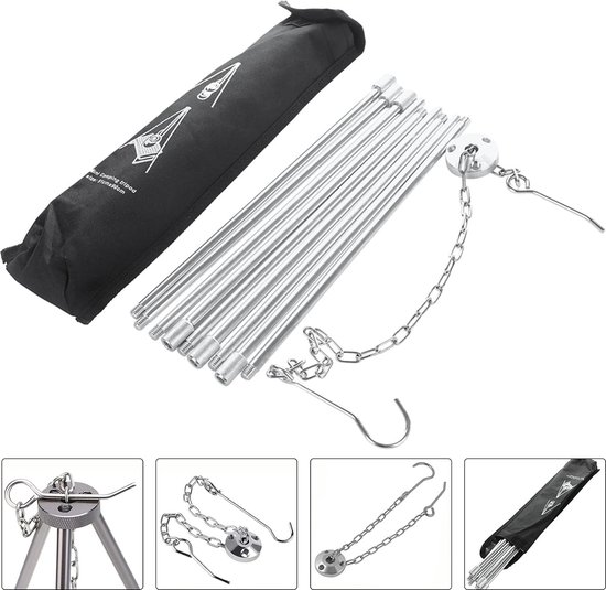 BBQ driepoot frame, driepoot, telescopisch frame, grillstandaard, koken in de open lucht, statief, inklapbaar, kampvuur, grillrooster, standaard, camping, statief met ketting en haak van Livin'outdoor — afbeelding 5