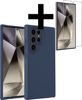 Hoesje Geschikt voor Samsung S24 Ultra Hoesje Siliconen Case Met Screenprotector - Hoes Geschikt voor Samsung Galaxy S24 Ultra Hoes Siliconen - Donkerblauw