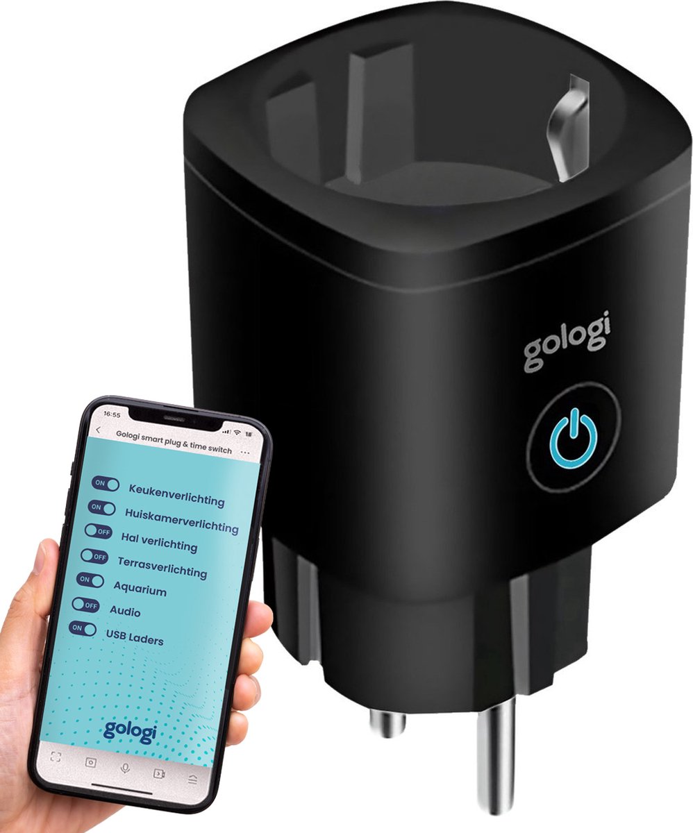 Gologi Slimme stekker - Smart plug - Tijdschakelaar & Energiemeter - - Google Home & Amazon Alexa - Zwart