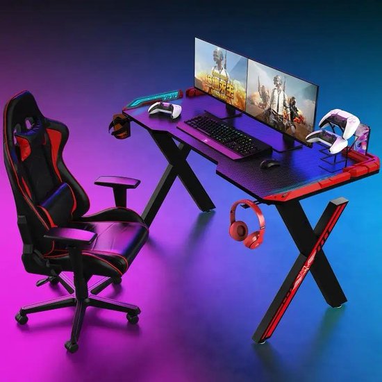 game bureau - 140X60X73cm - Gaming Desk met Led Verlichting - Game Desk- Computer Tafel
