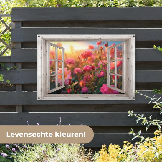 Tuinposter doorkijk bloemen - Wit raam - Tuindecoratie roze rozen - 120x80 cm - Poster voor in de tuin - Buiten decoratie - Schutting tuinschilderij - Tuindoek muurdecoratie - Wanddecoratie balkondoek