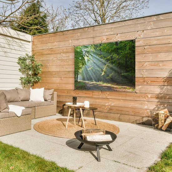 Tuinposter 120x80 cm - Tuindecoratie Lente - Bos - Boom - Poster voor in de tuin - Buiten decoratie - Schutting tuinschilderij - Tuindoek muurdecoratie - Wanddecoratie balkondoek
