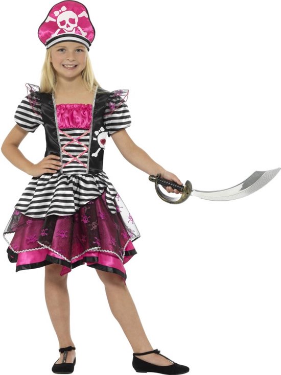 Roze en zwart-wit gestreept piraten kostuum voor meisjes - Verkleedkleding