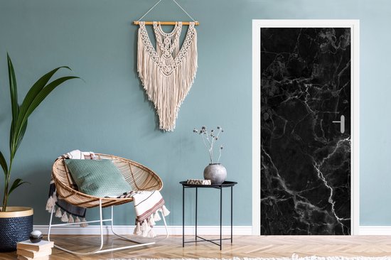 Deurposter 90x205 cm - Deursticker Marmer - Zwart - Wit - Textuur - Marmerlook - Meubelfolie zelfklevend - Deurfolie woonkamer - Interieurfolie fotobehang - Deur plakfolie - Deurstickers - Deurbehang sticker - Kamer decoratie
