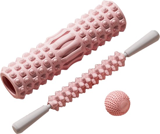 DW4Trading Foam Roller Set 3 Delig met Foamroller, Massage Stick, Massage Bal Roze - Grid Triggerpoint - Fitness - Yoga - Pilates