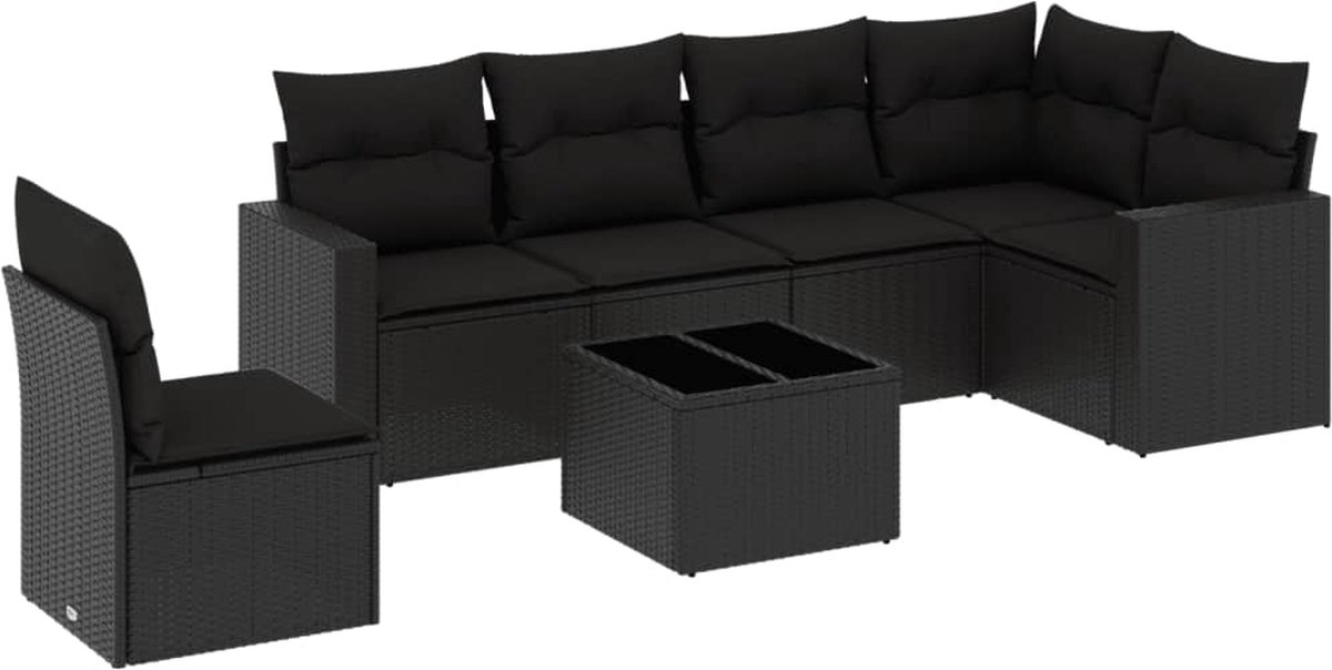 vidaXL 7-delige - Loungeset - met - kussens - poly - rattan - zwart