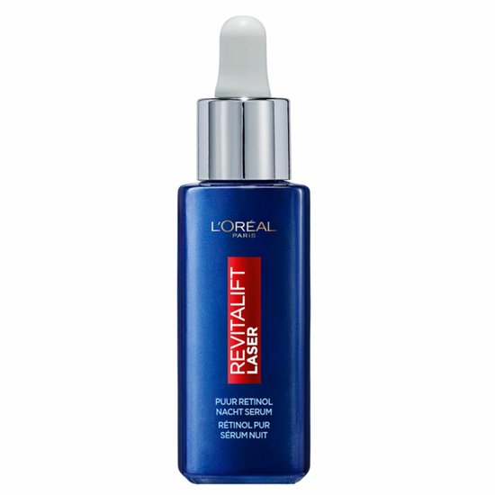 Blauw L'Oréal Paris Revitalift Laser flacon met druppelaar, met 'Pure Retinol Nacht Serum' erop.
