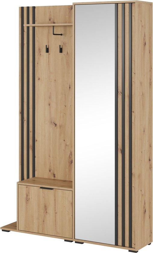 Garderobekast met spiegel Ganggarderobe Compacte garderobekast Vestibule Wandkast Plank Hal & Gang Kast Schoenenkast 135x197x34 cm - JOHN (Artisan + Zwart)