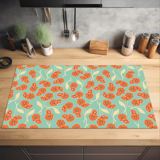 KitchenYeah® Inductie beschermer 91.6x52.7 cm - Retro - Bloemen - Design - Oranje - Kookplaataccessoires - Afdekplaat voor kookplaat - Inductiebeschermer - Inductiemat - Inductieplaat mat