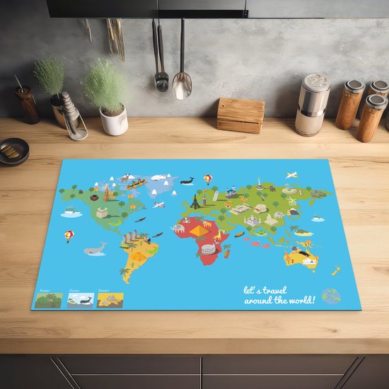 KitchenYeah® Inductie beschermer 80x52 cm - Wereldkaart Kinderen - Modern - Symbolen - Kookplaataccessoires - Afdekplaat voor kookplaat - Inductiebeschermer - Inductiemat - Inductieplaat mat