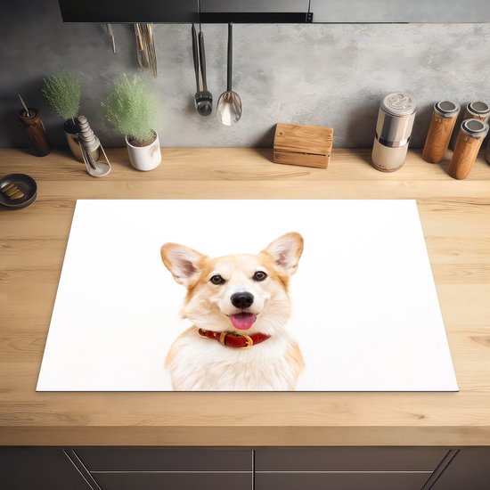 KitchenYeah® Inductie beschermer 81.6x52.7 cm - Corgi met halsband op witte achtergrond - Kookplaataccessoires - Afdekplaat voor kookplaat - Inductiebeschermer - Inductiemat - Inductieplaat mat