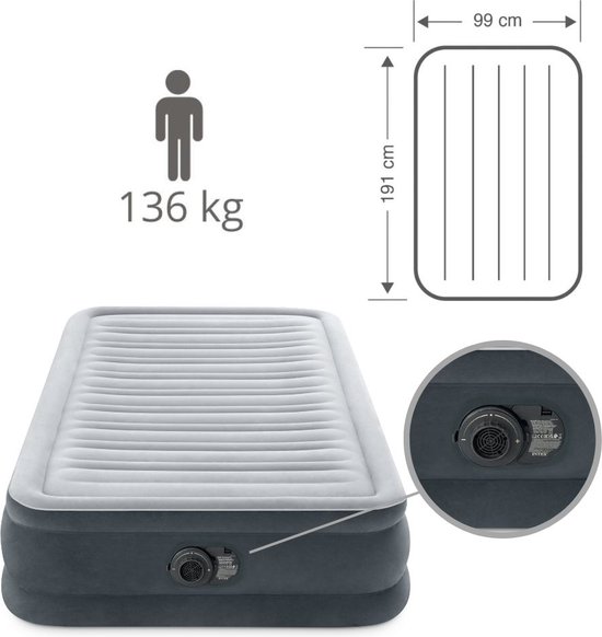 Matelas gonflable Intex - 1 Personne - 99 x 191 x 33 cm - Grijs - Pompe incluse - Hoeslaken - Oreiller - Kit de réparation et protège-oreiller