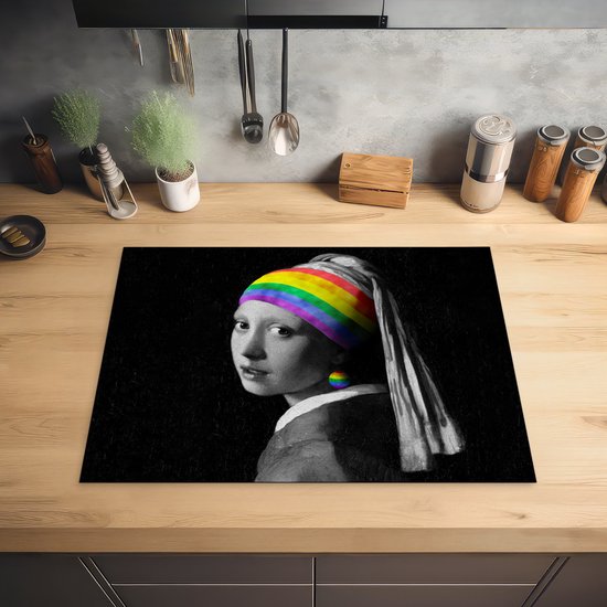 KitchenYeah® Inductie beschermer 70x52 cm - Meisje met de parel - Regenboog - Vermeer - Kookplaataccessoires - Afdekplaat voor kookplaat - Inductiebeschermer - Inductiemat - Inductieplaat mat