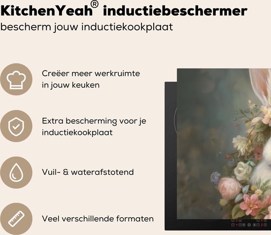 Een inductiebeschermer met een konijn en bloemen, geplaatst op een inductiekookplaat.