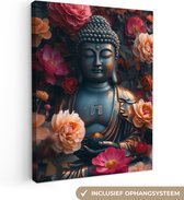 Canvas Schilderij 30x40 cm - Boeddha - Bloemen - Buddha - Beeld - Kunst - Wanddecoratie - Muurdecoratie woonkamer - Kamer decoratie - Wanddoek binnen - Woonaccessoires