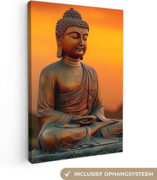 Canvas Schilderij 40x60 cm - Boeddha - Beeld - Zonsondergang - Buddha - Zen - Japan - Wanddecoratie - Muurdecoratie woonkamer - Kamer decoratie - Wanddoek binnen - Woonaccessoires