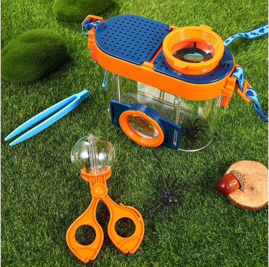 Playos® - Insectenkijker - met Pincet, Tang en Draaglint - Blauw / Oranje - Insectendoos - Buitenspeelgoed - Insecten Speelgoed - Insectenpotje - Experimenteer Set - Educatief Speelgoed - Playos
