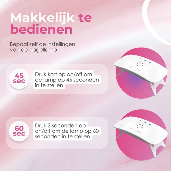 Twee witte MOODS Gellac mini nagellampen, één ingesteld op 45 seconden, de ander op 60 seconden.