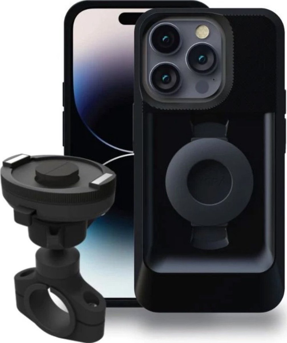 Tigra Telefoonhouder Fiets Fietsstuur Bevestiging | Tigra FitClic Neo Motorcycle Kit Apart hoesje Apple iPhone 14 Pro Max Zwart