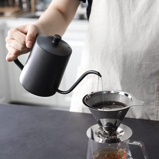 Bouilloire à Café En Acier Inoxydable 1,2 L - Bec Verseur Col De Cygne - Poignée En Bambou - Pour Café Filtre Manuel