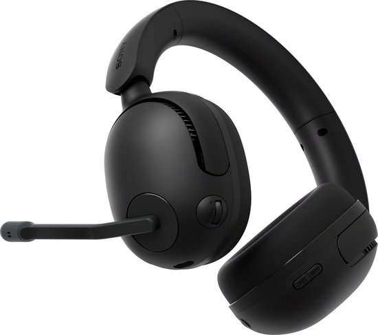 Zijkant van een zwarte Sony INZONE H5 gaming headset met microfoon en volumeknop.