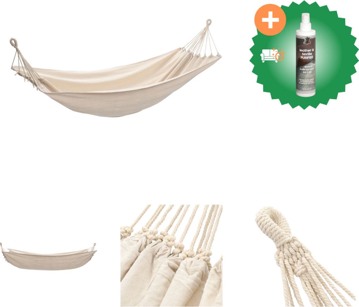 VidaXL Hangmat 260x150 cm crèmekleurig Hangmat Inclusief Reiniger