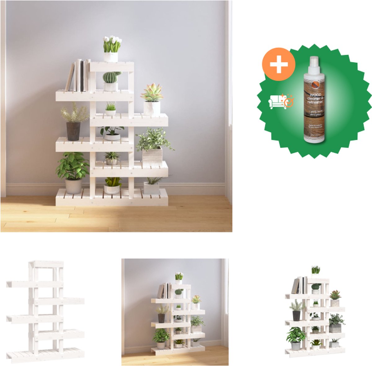 VidaXL Plantenstandaard 85x25x109 5 cm massief grenenhout wit Plantenrek Inclusief Houtreiniger en verfrisser